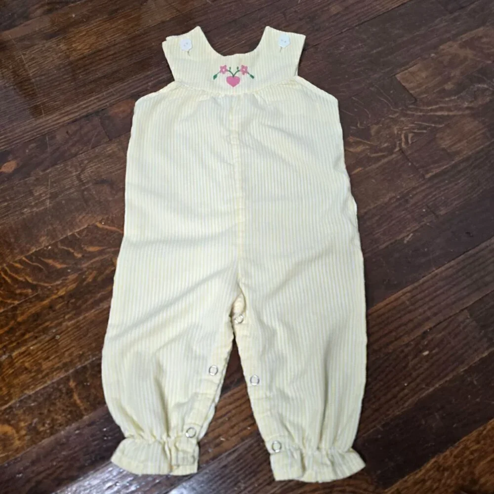 Vintage 80s 90s Pastel Yellow Striped Pink Heart Embroidery Baby Overalls
